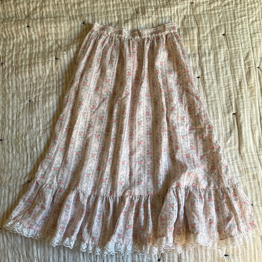 Vintage Pink Floral Stripe Lace Trim Ruffle Midi Skirt Cottagecore Prairie